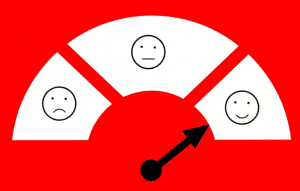 survey that shows sad, neutral, and happy face with an arrow pointing to the happy face