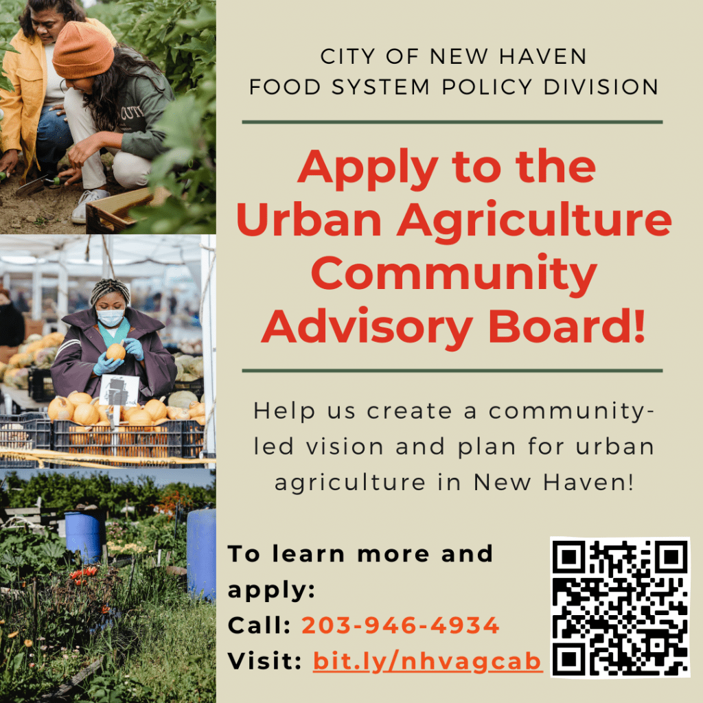 Urban Agriculture Advisory Board Flyer with picture of garden, people gardening and a woman picking out a pumpkin
