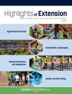 Highlights of Extension report cover with blue bars and photos of agriculture, health, and sustainability