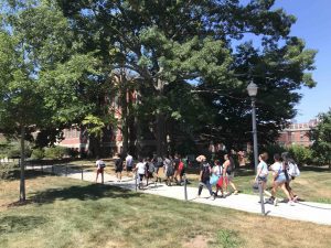 group of youth walking across UConn Storrs campus