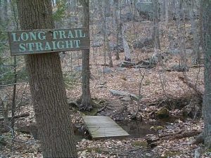 A trail sign in the woods, bridge in the background