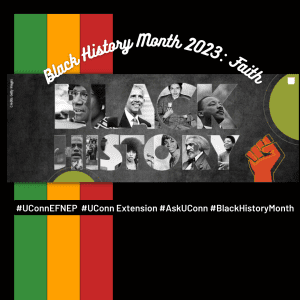 Black background with green yellow and red stripes, the title "black history" and the words "black history month 2023: faith"