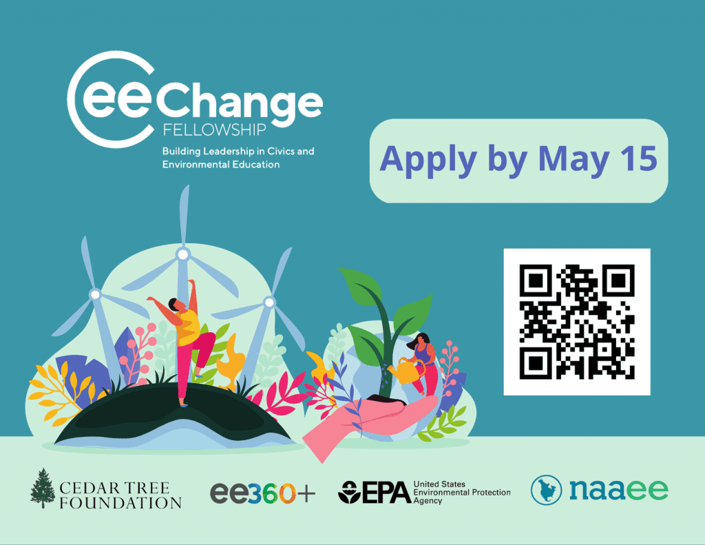 EE Change Fellowship: Graphic with windmills, a person stretching, a woman watering a plant over, and a QR code over a teal background