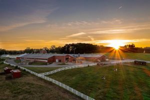 aerial view at sunset of Kellogg Dairy Center at UConn