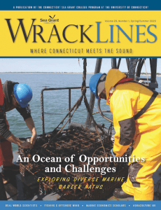 cover of Wrack Lines magazine with two people wearing hard hats on a boat