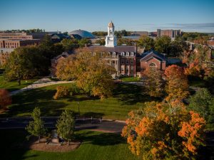 A fall morning aerial view of the Wilbur Cross Building on Oct. 18, 2021. (Peter Morenus/UConn Photo)