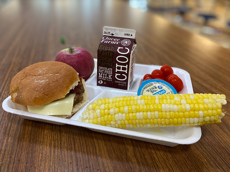 A school tray of lunch food.