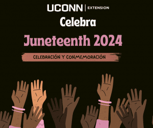 graphic of raised hands that says Celebra Juneteenth 2024