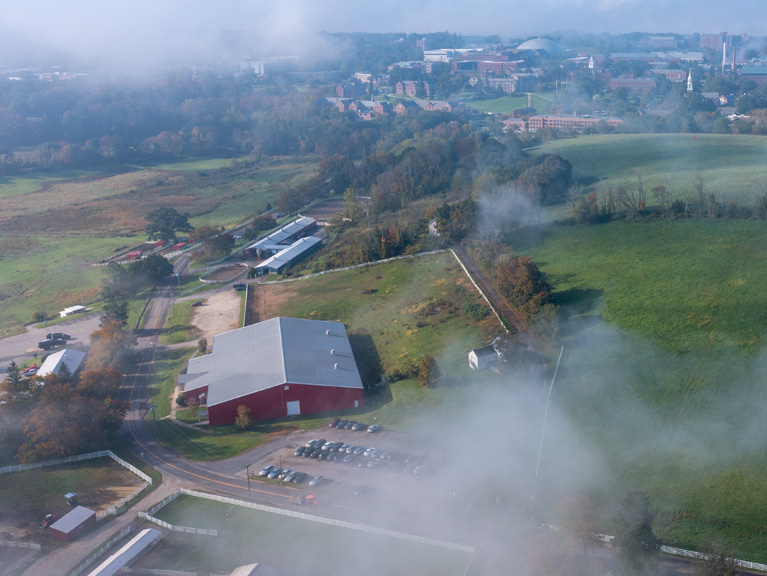 UConn Campus Horse Barn Hill aerial with fog