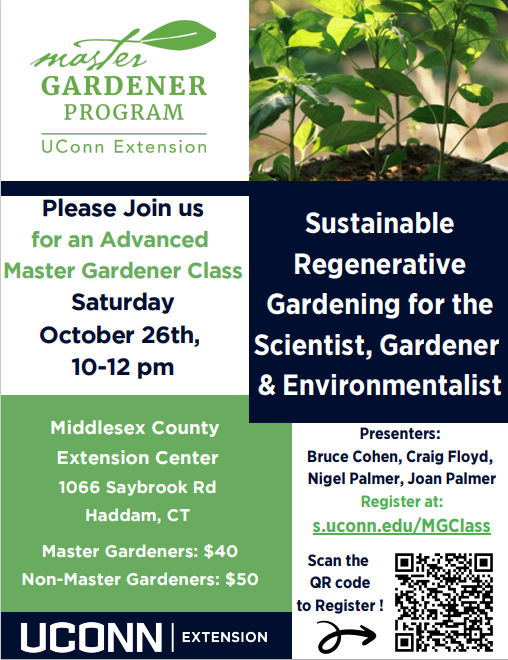 Blue, green and white flyer talking about regenerative gardening