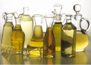 bottles of oils on a counter