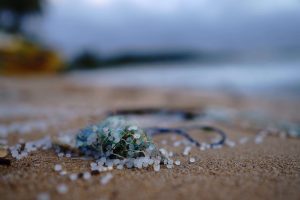 A beach with washed up plastic waste, consisting of thin plastic strips and pellets.