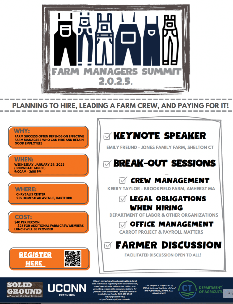 Flyer for the Farm Managers Summit 2025, with overalls at the top