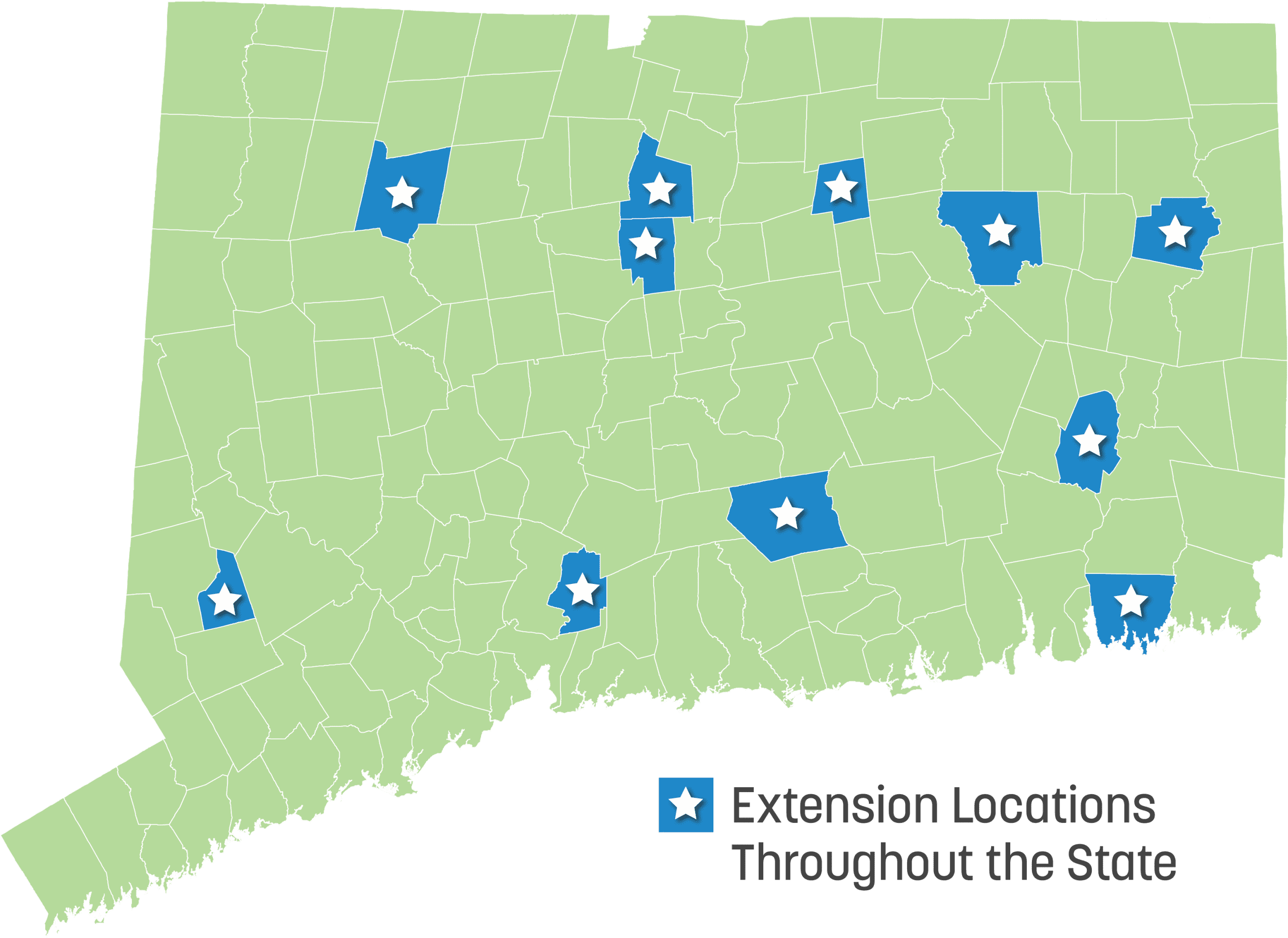 Extension locations throughout the state starred on a map of Connecticut.